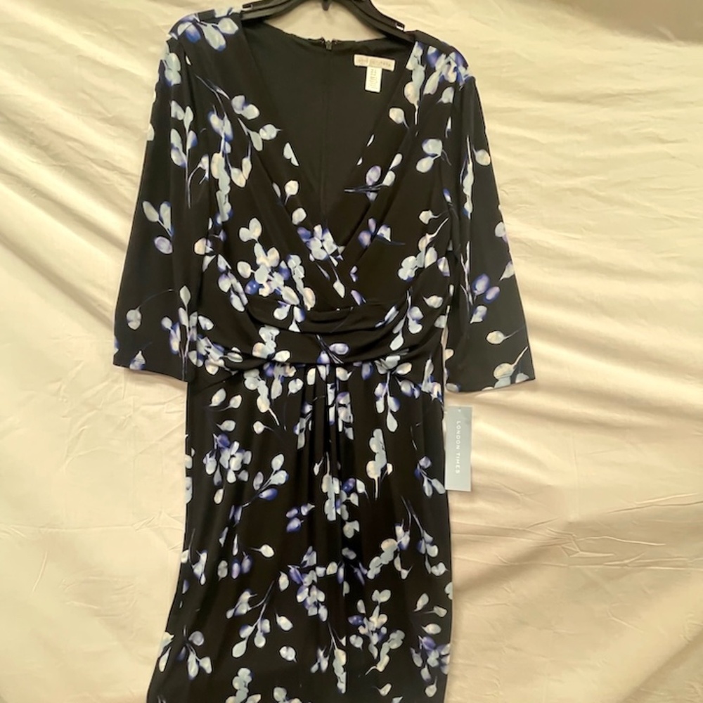 LONDON TIMES Black 3/4 Sleeve Faux Wrap‎ Flower Bud Dress 12